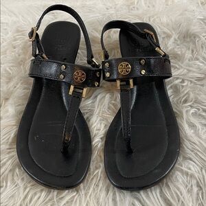 TORY BURCH Robinson Demi Wedge Heel Sandals Slingback Black & Gold Leather 8.5